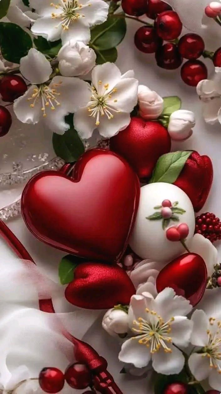 Праздничная композиция: красные сердечки, белые цветы и ягоды