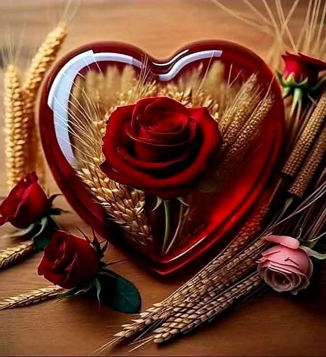 Красивый букет с сердцем из стекла и колосья пшеницы.