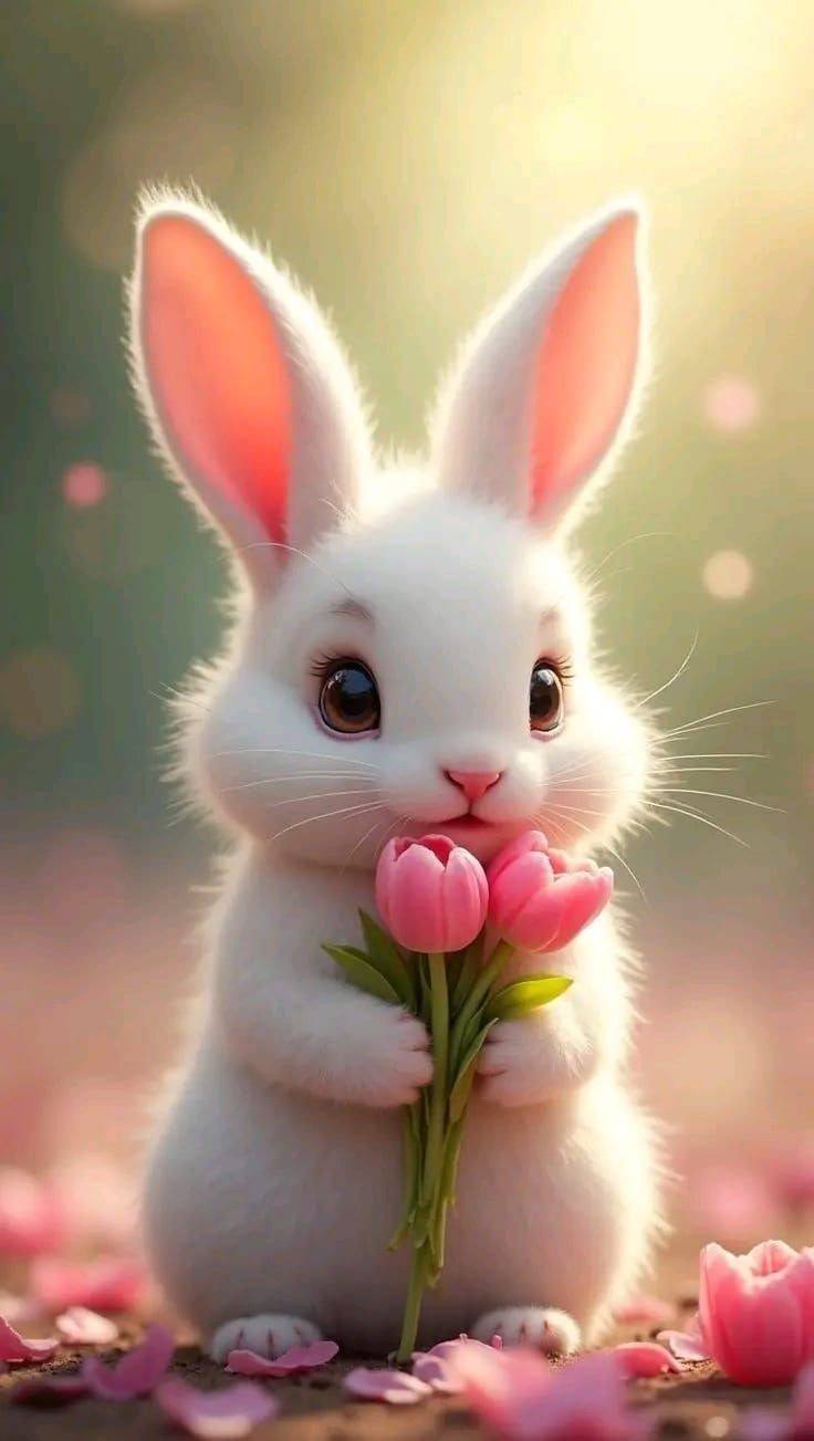 Милый белый кролик держит букет розовых tulip и смотрит в камеру на ярком солнечном фоне.
