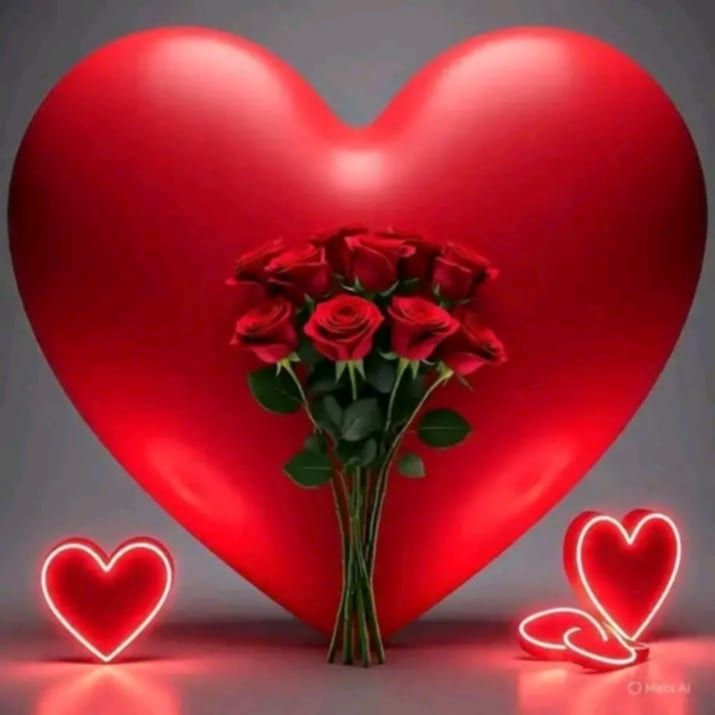 Большое красное сердце с букетом красных роз и светящимися маленькими сердецами вокруг