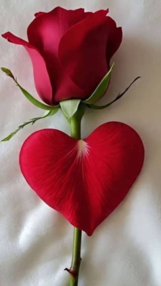 Красная роза с лепестком в форме сердца на стебле