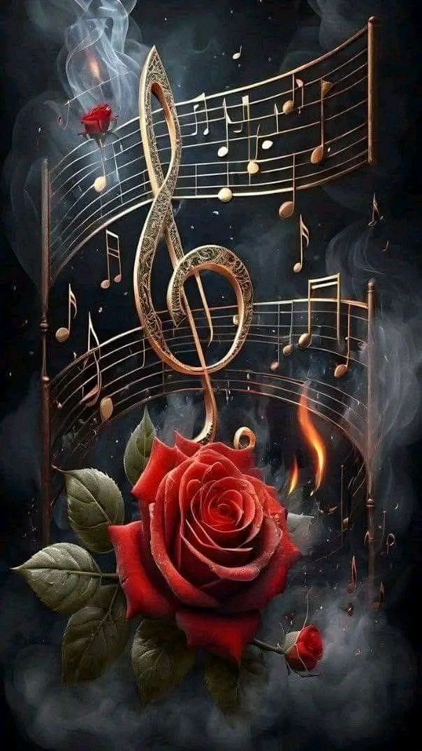 Красная роза на фоне музыкальных нот и гибкой струящейся ноты