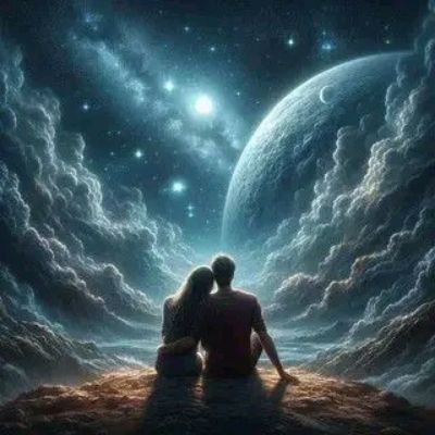 Пара сидит вместе и смотрит на космос, планету и звёзды вокруг