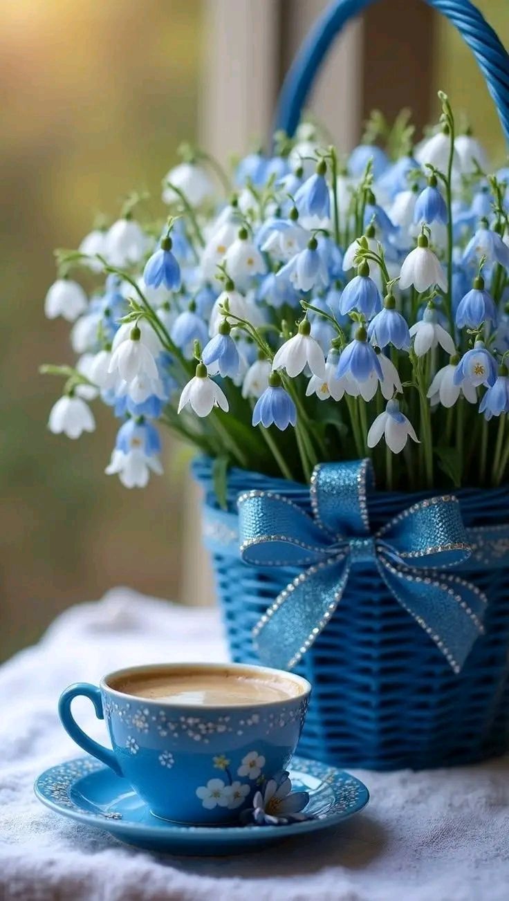 Галантные голубые цветы в синей корзине с лентой и чашка кофе