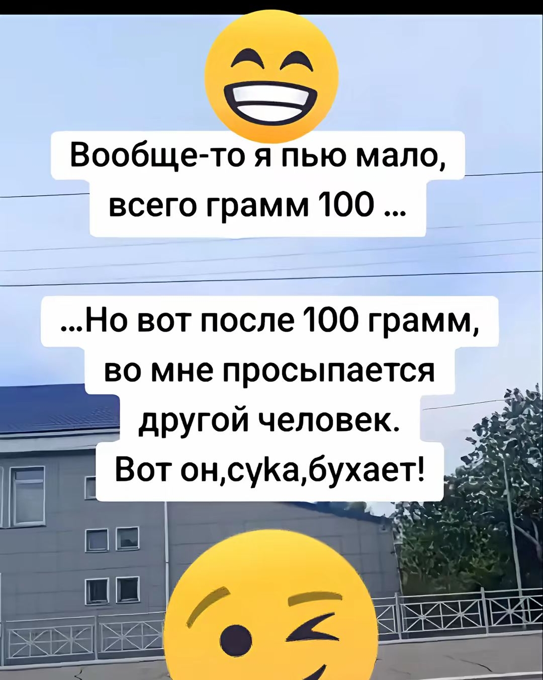Вообще-то я пью мало, всего грамм 100 ... Но вот после 100 грамм, во мне просыпается другой человек. Вот он, сука, бухает!