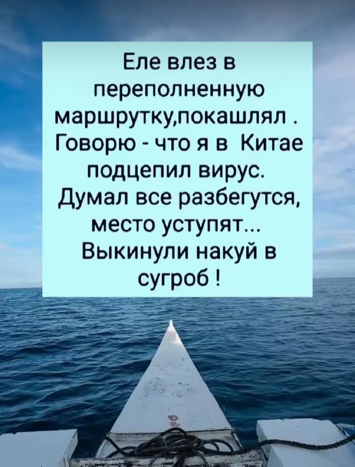 Еле влез в переполненную маршрутку, покашлял. Говорю - что я в Китае подцепил вирус. Думал все разберутся, место уступят... Выкинули нах*й в сугроб!