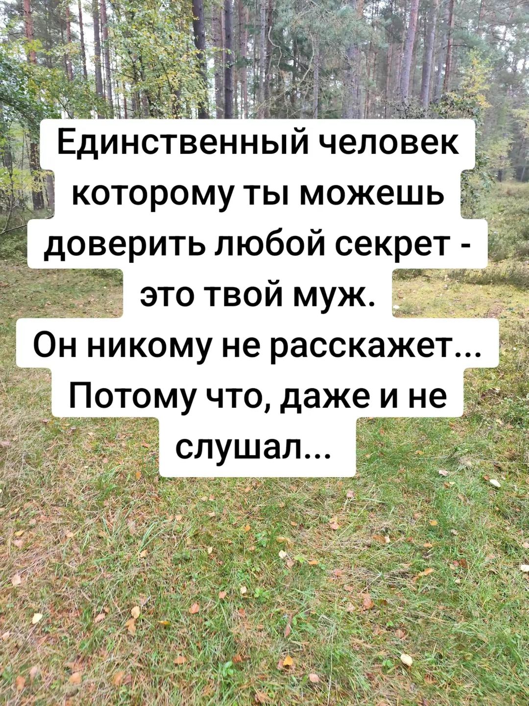 Единственный человек которому ты можешь доверить любой секрет - это твой муж. Он никому не расскажет... Потому что, даже и не слушал...