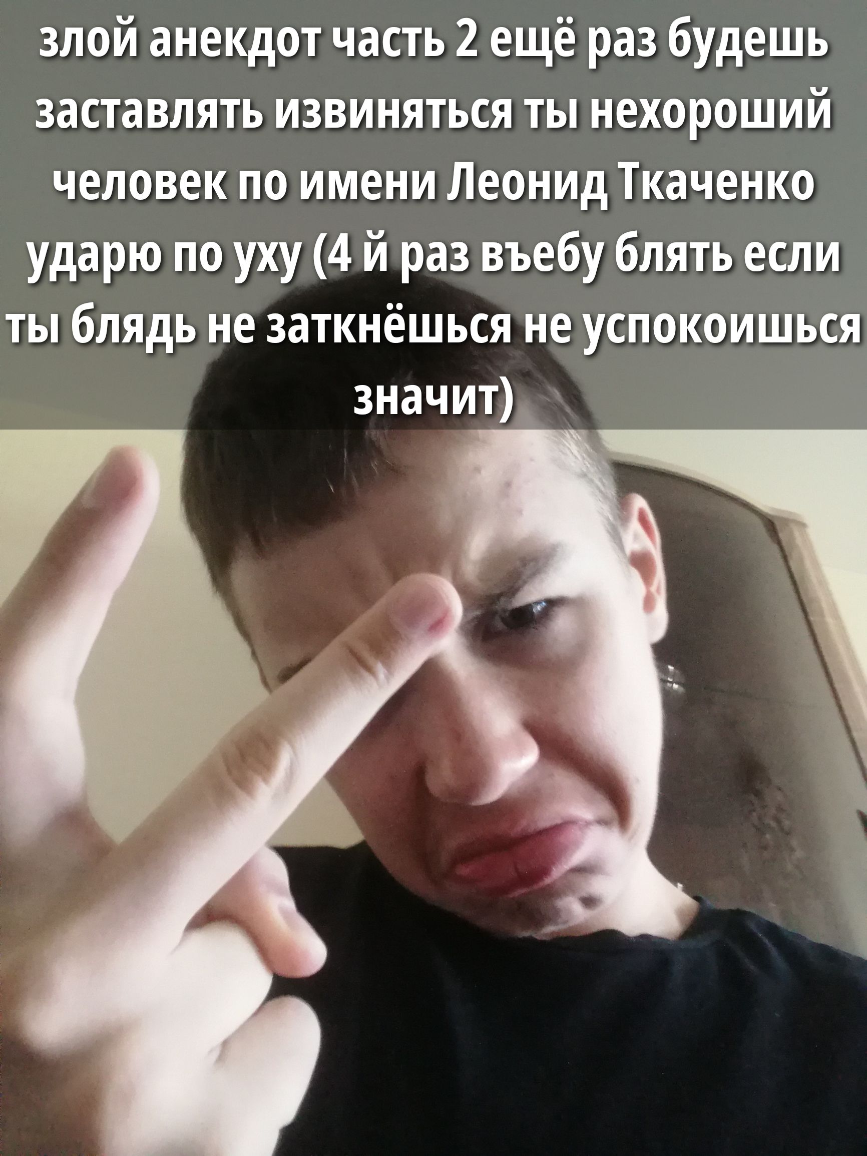 злой анекдот часть 2 ещё раз будешь заставлять извиняться ты нехороший человек по имени Леонид Ткаченко ударю по уху (4-й раз если ты не заткнёшься не успокоишься значит)