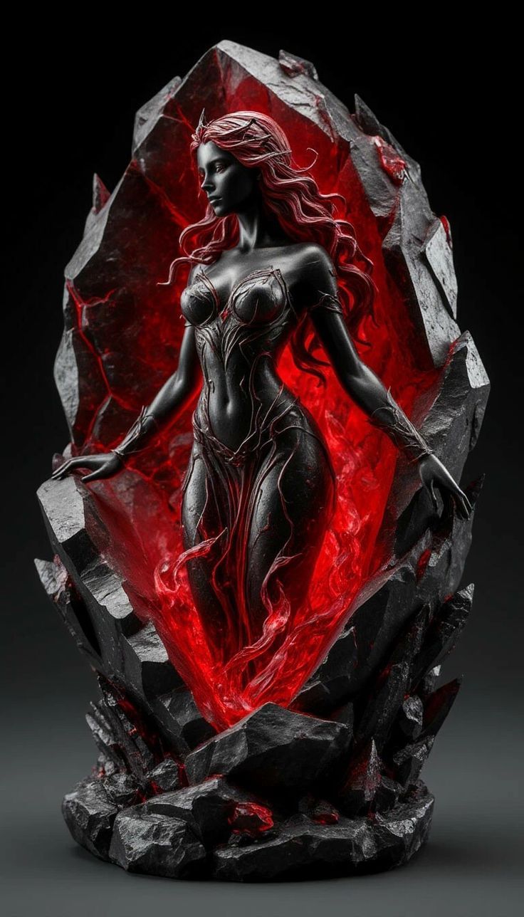 Фигура женщины в красном кристалле, выходящая из камня