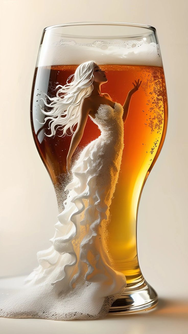 Женщина в свадебном платье внутри бокала с пивом, сюрреалистичный кадр