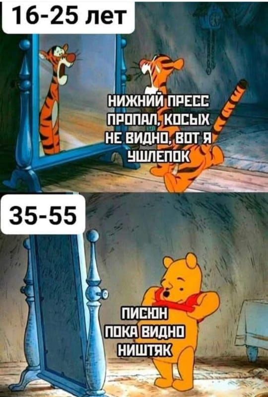 16-25 лет
НИЖНИЙ ПРЕСС 
ПРОПАЛ, КОСЫХ 
НЕ ВИДНО, ВОТ Я 
УШЛЕПОК
35-55
ПИСОН 
ПОКА ВИДНО 
НИШТЯК