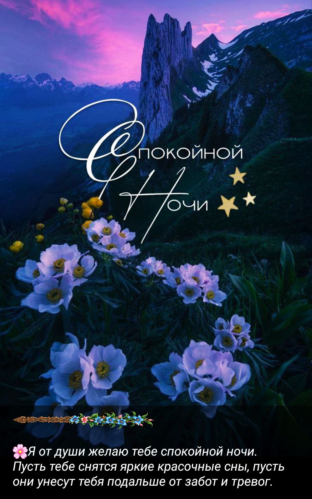 Я от души желаю тебе спокойной ночи. Пусть тебе снятся яркие красочные сны, пусть они унесут тебя подальше от забот и тревог.