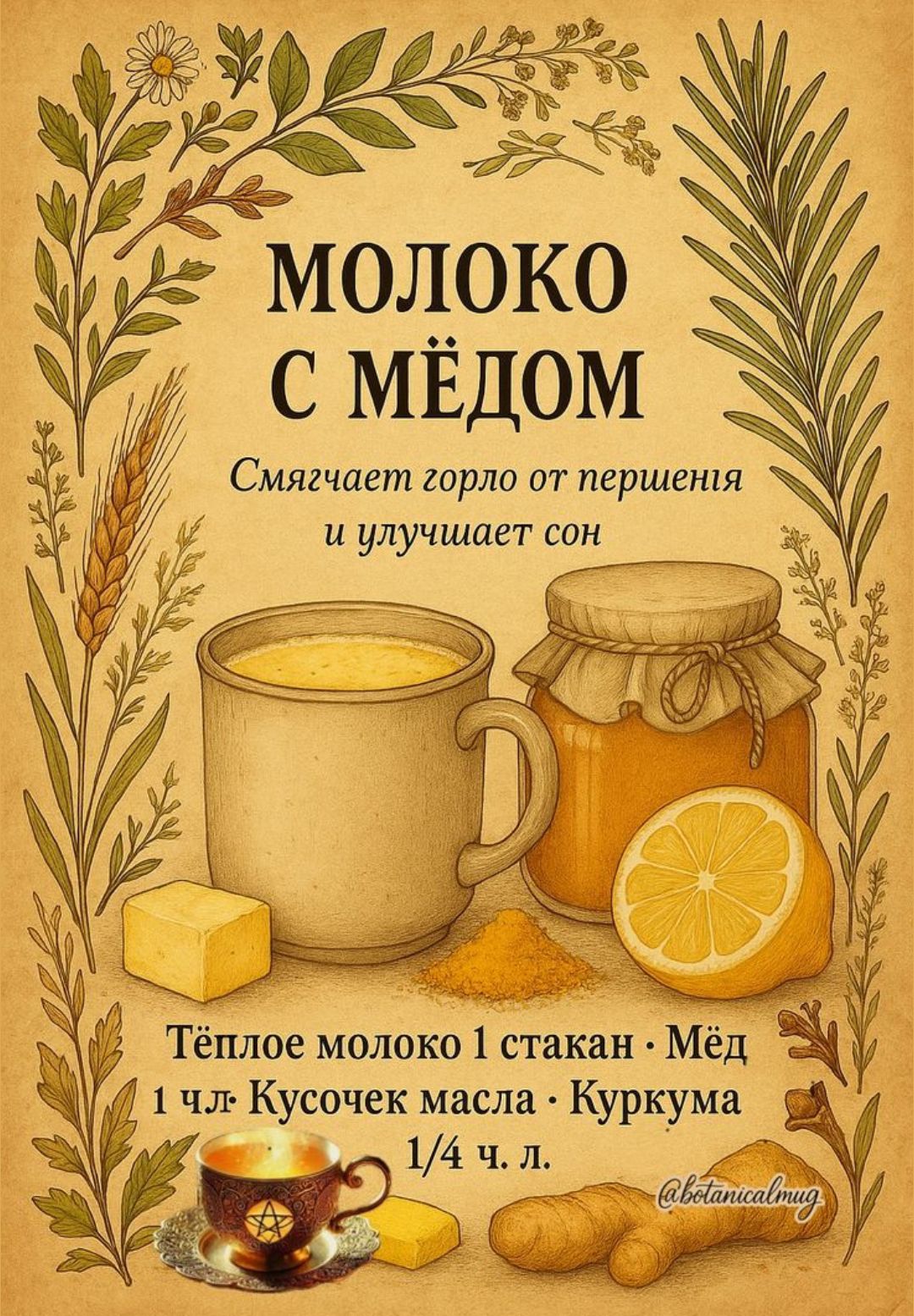 МОЛОКО С МЁДОМ
Смягчает горло от першения и улучшает сон
Тёплое молоко 1 стакан · Мёд 1 ч. л. · Кусочек масла · Куркума 1/4 ч. л.