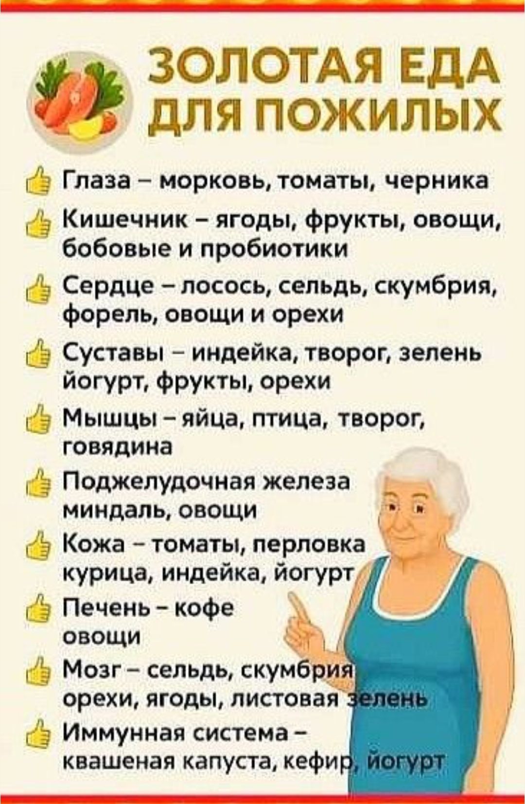 ЗОЛОТАЯ ЕДА ДЛЯ ПОЖИЛЫХ
✅ Глаза – морковь, помидоры, черника
✅ Кишечник – ягоды, фрукты, овощи, бобовые и пробиотики
✅ Сердце – лосось, сельдь, скумбрия, форель, овощи и орехи
✅ Суставы – индейка, творог, зелень, йогурт, фрукты, орехи
✅ Мышцы – яйца, птица, творог, говядина
✅ Поджелудочная железа – миндаль, овощи
✅ Кожа – томаты, перловка, курица, индейка, йогурт
✅ Печень – кофе, овощи
✅ Мозг – сельдь, скумбрия, орехи, ягоды, листовая зелень
✅ Иммунная система – квашеная капуста, кефир, йогурт