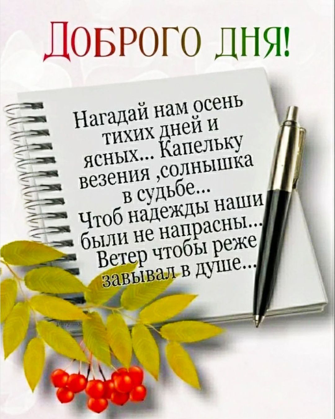 Доброго дня!
Нагадй нам осень тихих дней и ясных... Капельку везения, солнышка в судьбе... Чтоб надежды наши были не напрасны... Ветер чтоб реже забывал в душе...