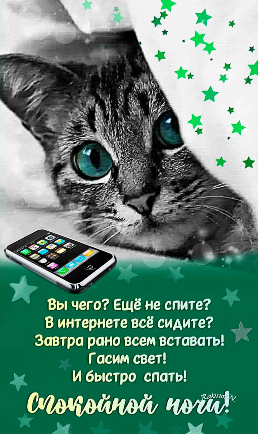Вы чего? Ещё не спите? В интернете всё сидите? Завтра рано всем вставать! Гасим свет! И быстро спать! Спокойной ночи!