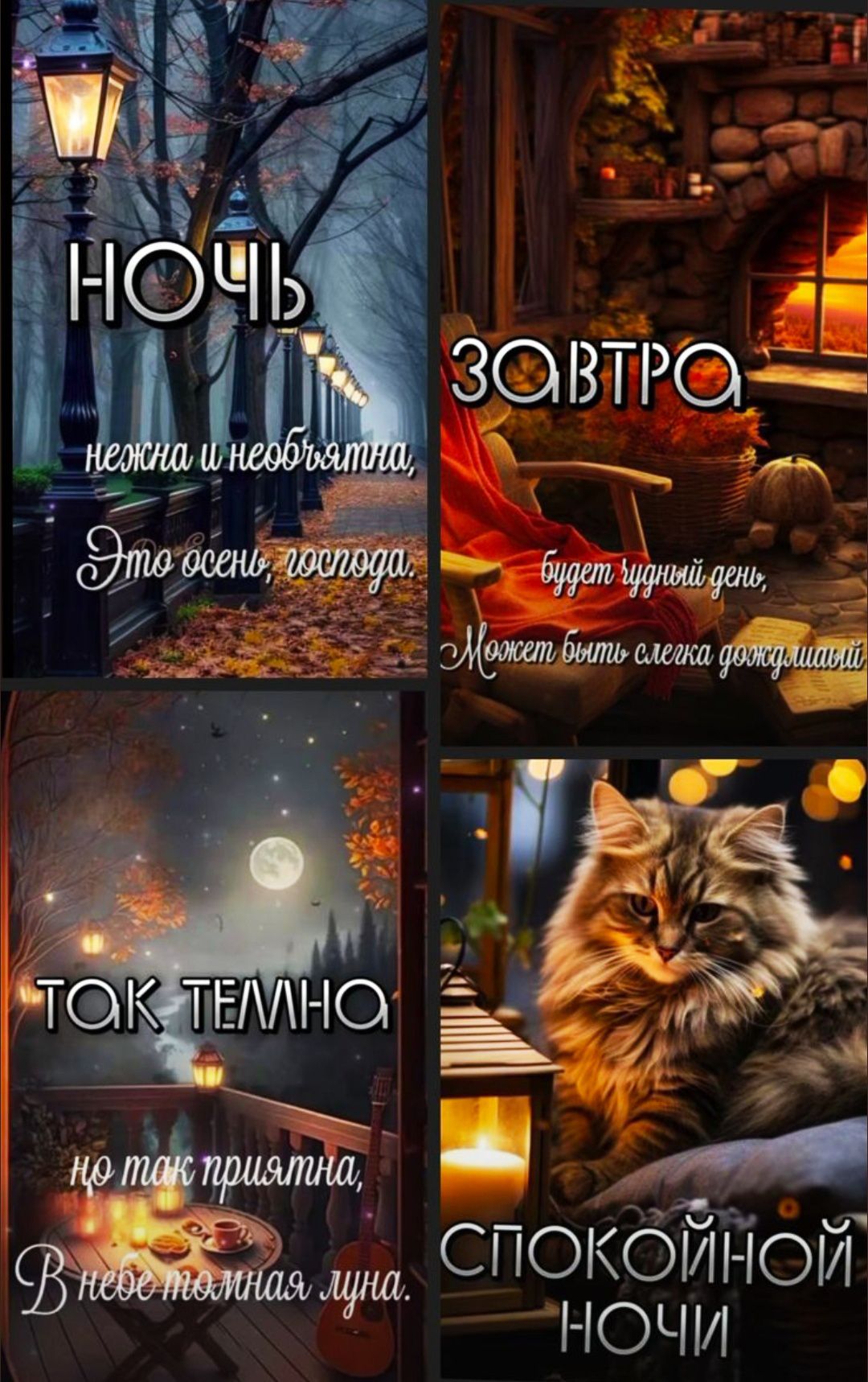 НОЧЬ нежна и необычна, Это осень, когда. ЗАВТРА будет чудный день, Может быть слегка долгий. ТАК ТЕМНА, но так приятна, В небе полная луна. СПОКОЙНОЙ НОЧИ