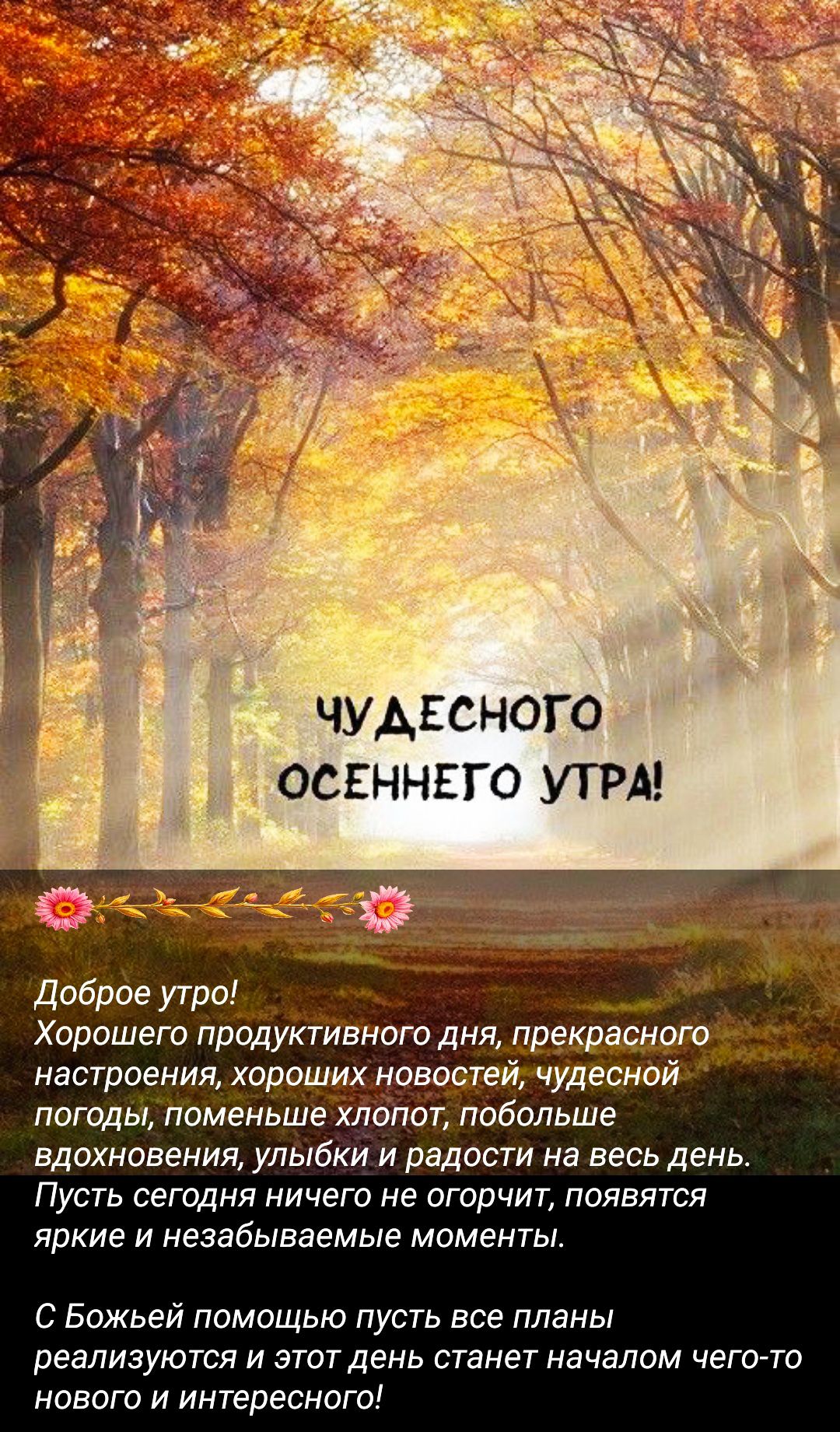 ЧУДЕСНОГО ОСЕННЕГО УТРА!\nДоброе утро! Хорошего продуктивного дня, прекрасного настроения, хороших новостей, чудесной погоды, поменьше хлопот, побольше вдохновения, улыбки и радости на весь день. Пусть сегодня ничего не огорчит, появятся яркие и незабываемые моменты. С Божьей помощью пусть все планы реализуются и этот день станет началом чего-то нового и интересного!
