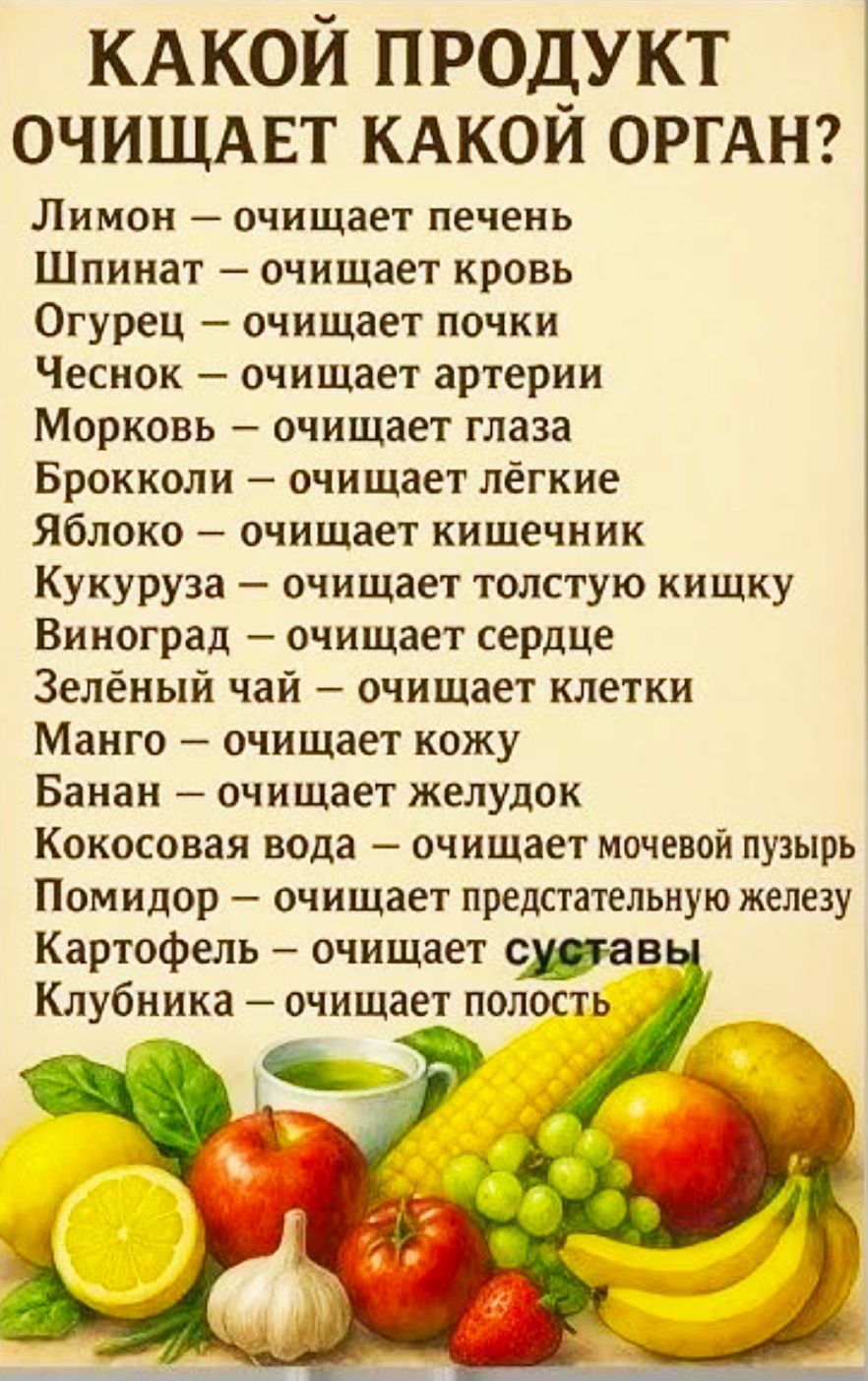 КАКОЙ ПРОДУКТ ОЧИШАЕТ КАКОЙ ОРГАН?
Лимон — очищает печень
Шпинат — очищает кровь
Огурец — очищает почки
Чеснок — очищает артерии
Морковь — очищает глаза
Брокколи — очищает лёгкие
Яблоко — очищает кишечник
Кукуруза — очищает толстую кишку
Виноград — очищает сердце
Зелёный чай — очищает клетки
Манго — очищает кожу
Банан — очищает желудок
Кокосовая вода — очищает мочевой пузырь
Помидор — очищает предстательную железу
Картофель — очищает суставы
Клубника — очищает полость рта