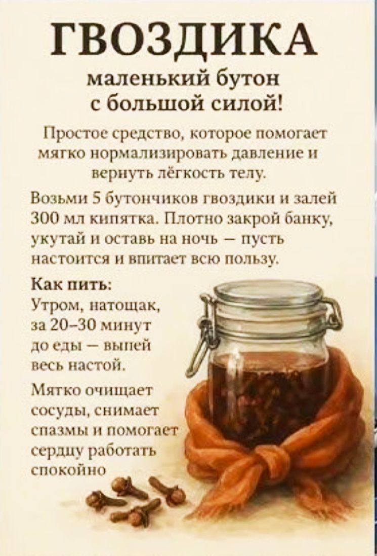 ГВОЗДИКА маленький бутон с большой силой! Простое средство, которое помогает мягко нормализовать давление и вернуть лёгкость телу. Возьми 5 бутончиков гвоздики и залей 300 мл кипятка. Плотно закрой банку, укутай и оставь на ночь — настой впитает всю пользу. Как пить: утром натощак за 20–30 минут до еды выпей всю настой.