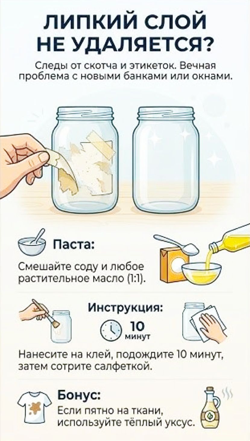 Липкий слой не удаляется? Следы от скотча и этикеток. Вечная проблема с новыми банками или окнами. Паста: Смешайте соду и любое растительное масло (1:1). Инструкция: Нанесите на клей, подождите 10 минут, затем сотрите салфеткой. Бонус: Если пятно на ткани, используйте тёплый уксус.