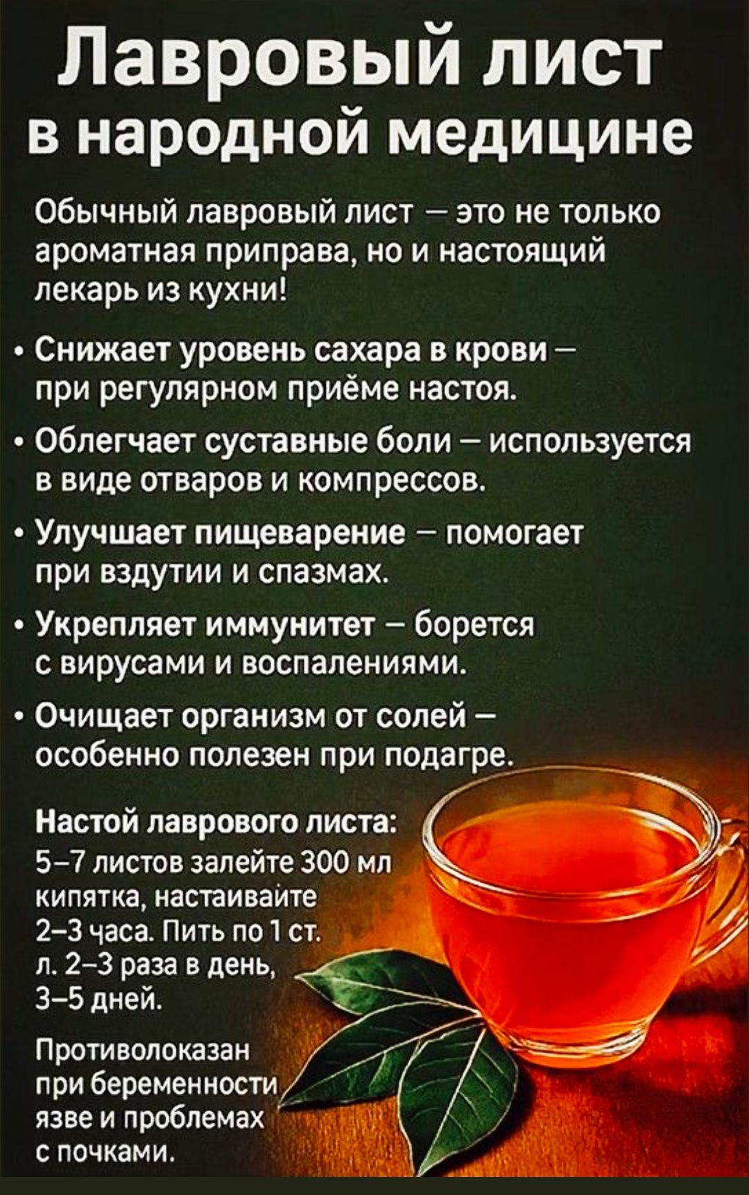 Лавровый лист в народной медицине. Обычный лавровый лист — это не только ароматная приправа, но и настоящий лекарь из кухни! Снижает уровень сахара в крови — при регулярном приёме настоя. Облегчает суставные боли — в виде отваров и компрессов. Улучшает пищеварение — помогает при вздутии и спазмах. Укрепляет иммунитет — борется с вирусами и воспалениями. Очищает организм от солей — полезен при подагре. Настой: 5–7 листов залейте 300 мл кипятка, настоять 2–3 часа. Пить по 1 ст. л. 2–3 раза в день, 3–5 дней. Противопоказан при беременности, язве и проблемах с почками.