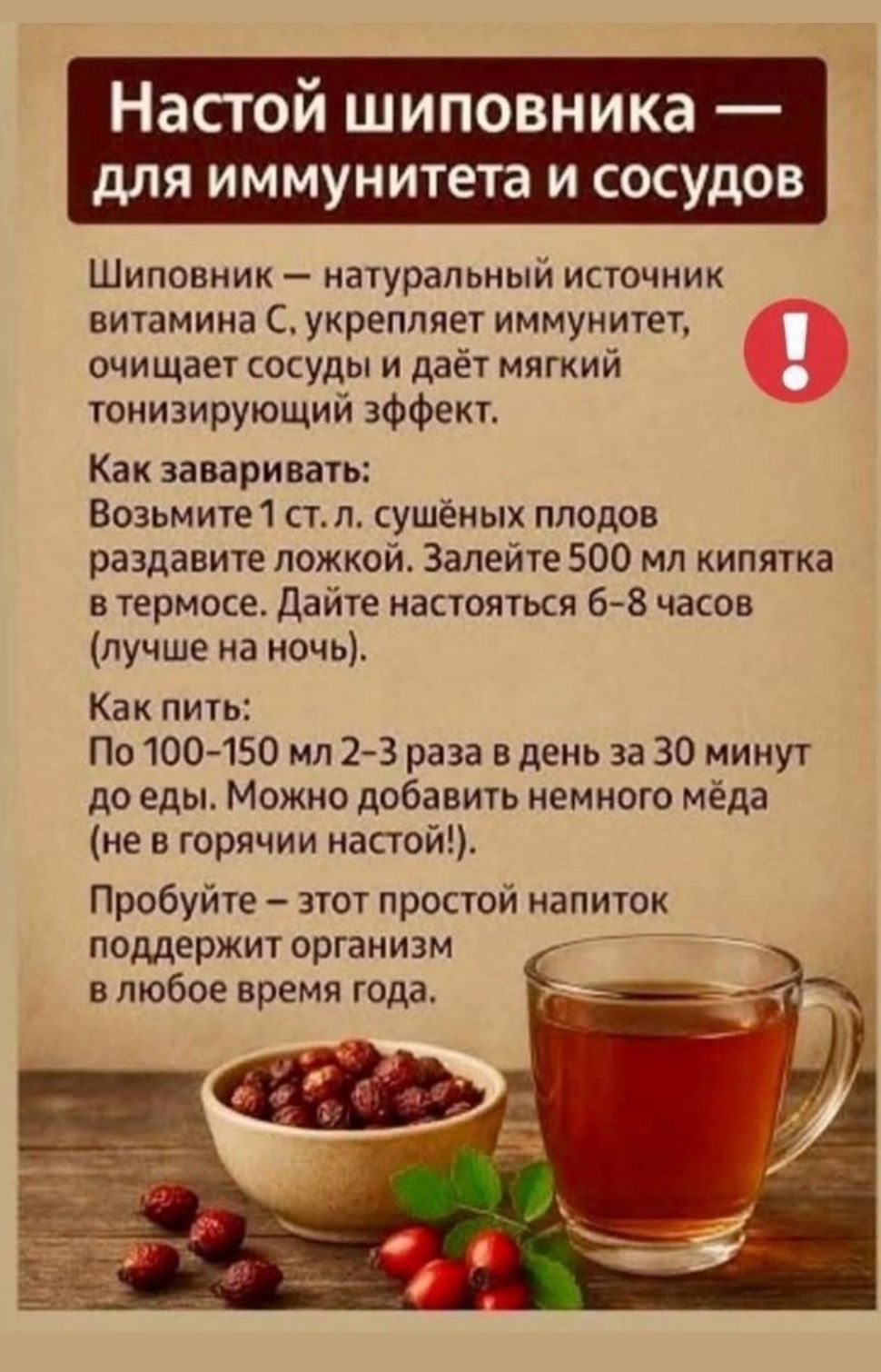 Настой шиповника — для иммунитета и сосудов. Шиповник — натуральный источник витамина C, укрепляет иммунитет, очищает сосуды и даёт мягкий тонизирующий эффект. Как заваривают: 1 ст.л. сушённых плодов, раздавите, залейте 500 мл кипятка в термосе. Дайте настояться 6–8 часов (лучше на ночь). Как пить: по 100–150 мл 2–3 раза в день за 30 минут до еды. Можно добавить немного мёда (не в горячий настой!). Пробуйте — этот простой напиток поддержит организм в любое время года.