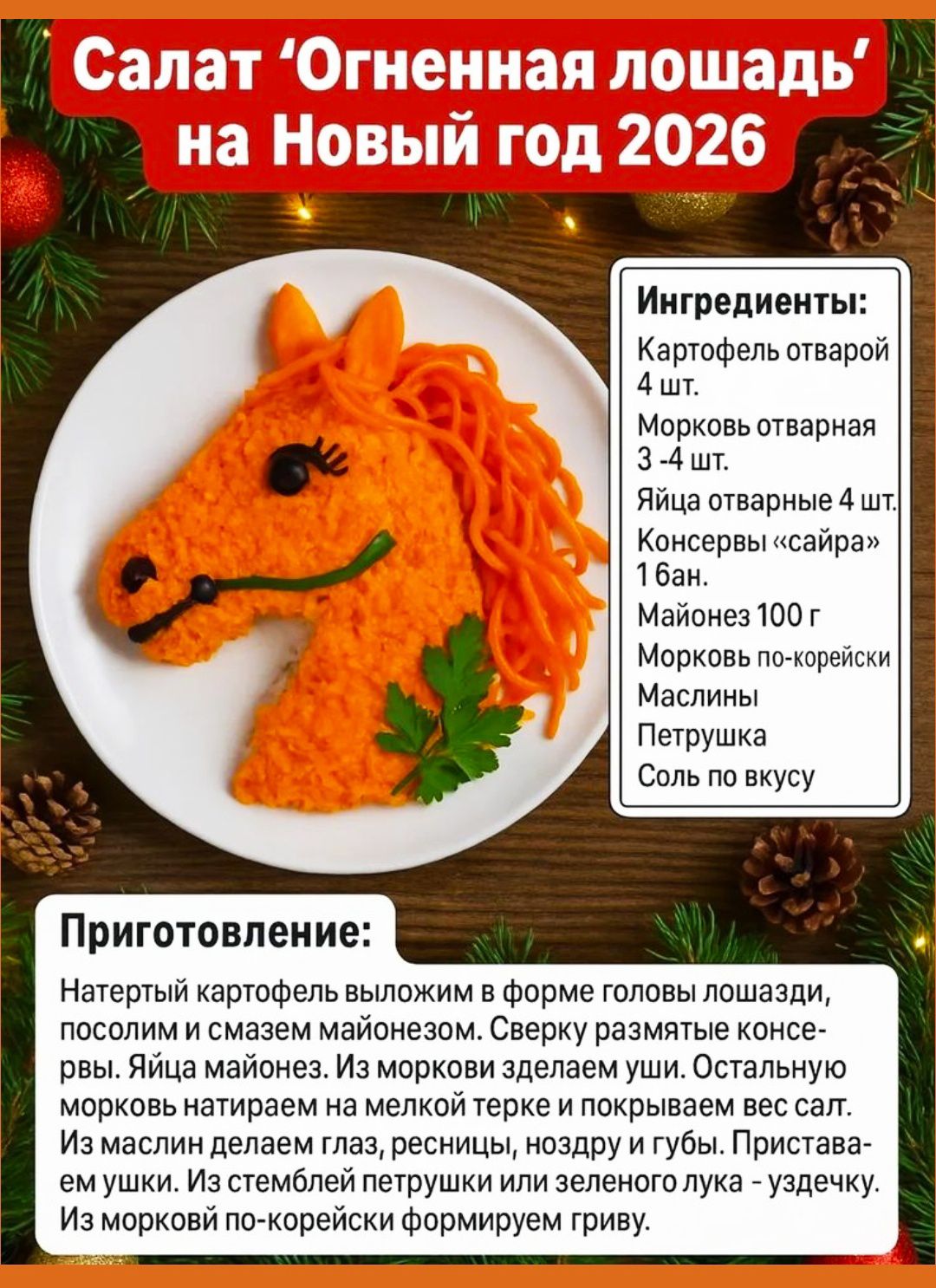 Салат 'Огненная лошадь' на Новый год 2026
Ингредиенты: Картофель отварной 4 шт., Морковь отварная 3–4 шт., Яйца отварные 4 шт., Консервы 'саира' 1 бан., Майонез 100 г, Морковь по-корейски, Маслины, Петрушка, Соль по вкусу.
Приготовление: Натереть картофель в форму головы лошади, посолить и смазать майонезом. Сверку размятые консервы. Яйца — глаза. Остальную морковь натираем на мелкой терке и покрываем вес сал.
