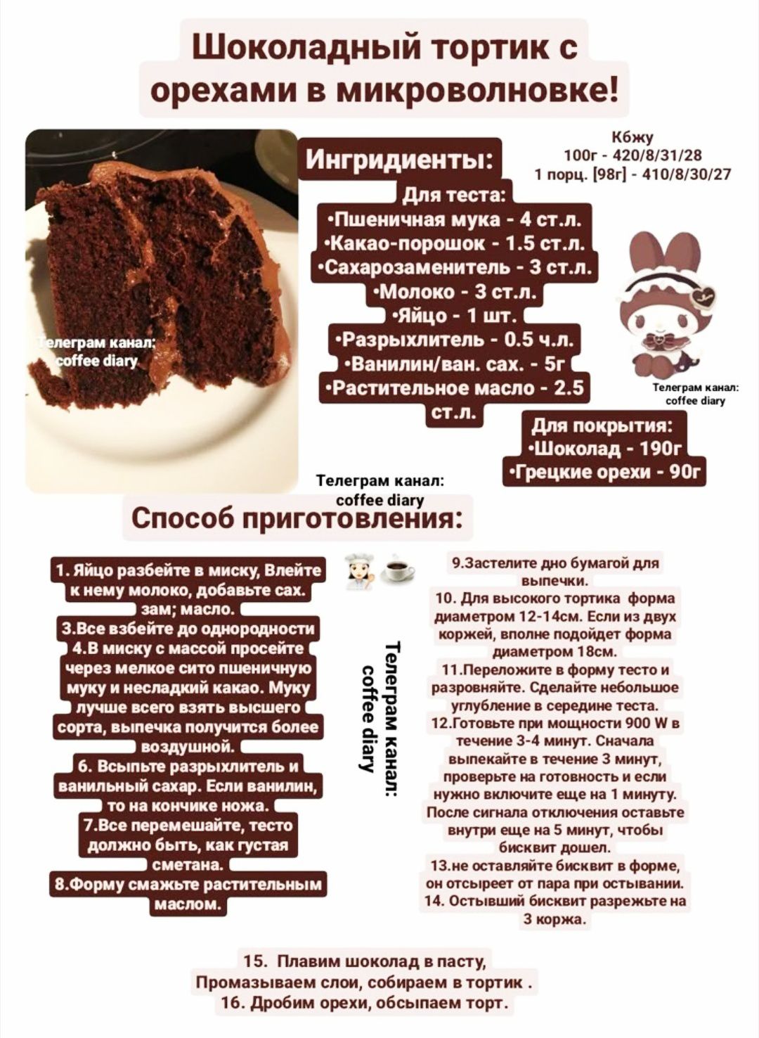 Шоколадный торт с орехами в микроволновке! Ингредиенты: мука 4 ст.л., какао 1,5 ст.л., сахар 3 ст.л., молоко 0,5 стакана, яйцо, разрыхлитель 0,5 ч.л., ванилин, растительное масло 2,5 ст.л., орехи. Способ: шаги 1–16, готовим в чаше микроволновки.
