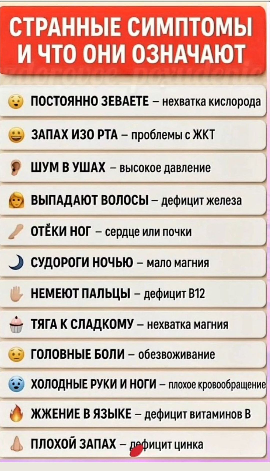 СТРАННЫЕ СИМПТОМЫ И ЧТО ОНИ ОЗНАЧАЮТ
🤔 ПОСТОЯННО ЗЕВАЕТЕ — нехватка кислорода
😃 ЗАПАХ ИЗО РТА — проблемы с ЖКТ
🔊 ШУМ В УШАХ — высокое давление
ВЫПАДАЮТ ВОЛОСЫ — дефицит железа
ОТЁКИ НОГ — сердце или почки
СУДОРОГИ НОЧЬЮ — мало магния
НЕМЕЮТ ПАЛЬЦЫ — дефицит B12
ТЯГА К СЛАДКОМУ — нехватка магния
ГОЛОВНЫЕ БОЛИ — обезвоживание
ХОЛОДНЫЕ РУКИ И НОГИ — плохое кровообращение
ЖЖЖЕНИЕ В ЯЗЫКЕ — дефицит витаминов В
ПЛОХОЙ ЗАПАХ — дефицит цинка