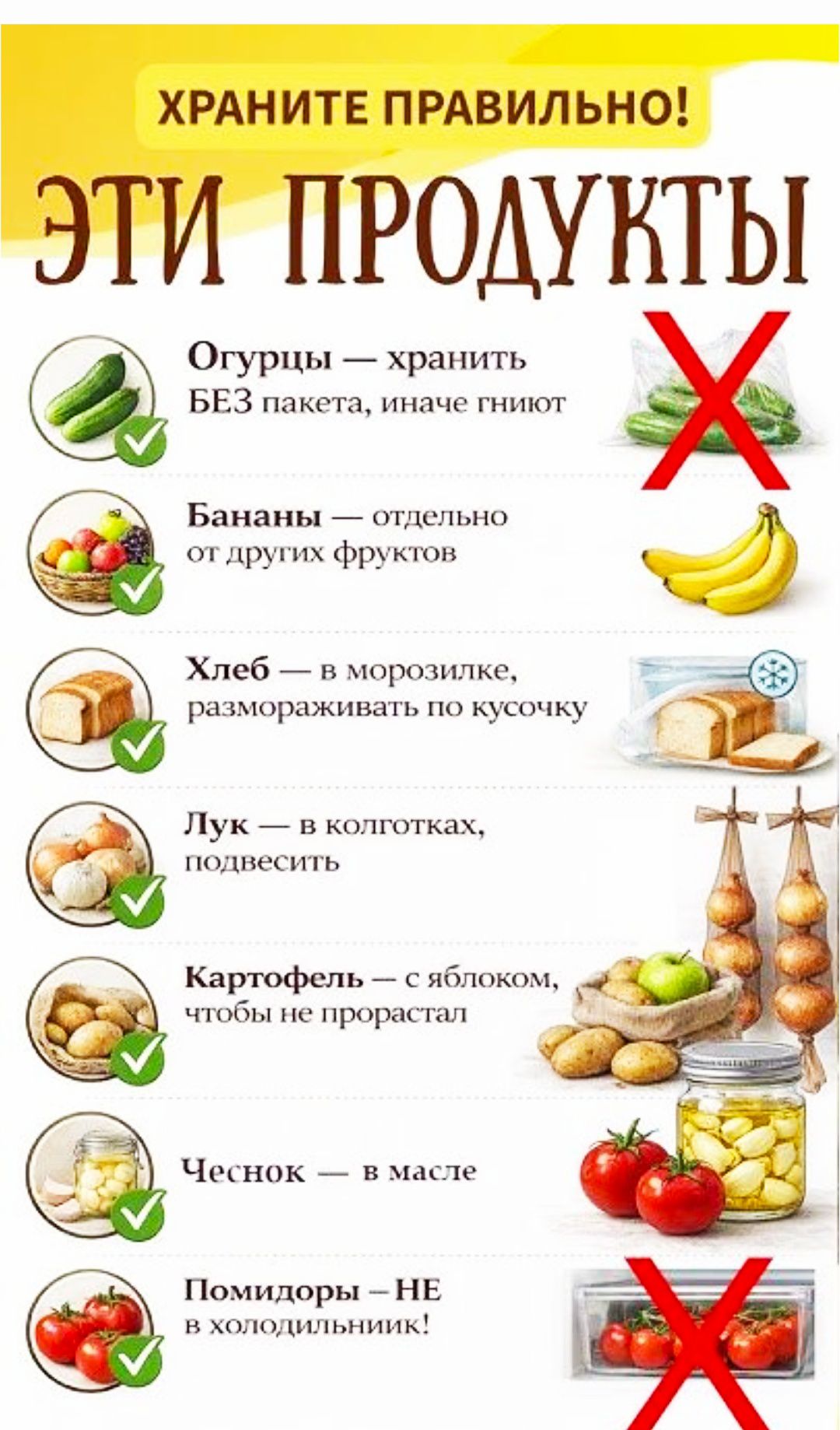 ХРАНИТЕ ПРАВИЛЬНО! ЭТИ ПРОДУКТЫ: Огурцы — хранить БЕЗ пакета, иначе гниют; Бананы — отдельно от других фруктов; Хлеб — в морозилке, размораживать по кусочку; Лук — в колготках, подвесить; Картофель — с яблоком, чтобы не прорастал; Чеснок — в масле; Помидоры — НЕ в холодильник!