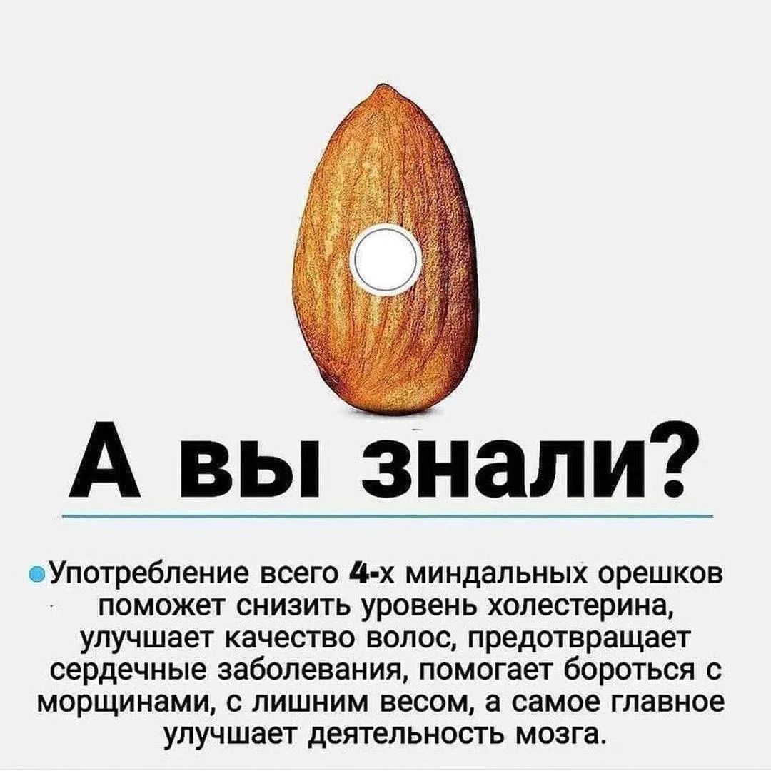 А вы знали? Употребление всего 4-х миндальных орешков поможет снизить уровень холестерина, улучшает качество волос, предотвращает сердечные заболевания, помогает бороться с морщинами, с лишним весом, и самое главное улучшают деятельность мозга.