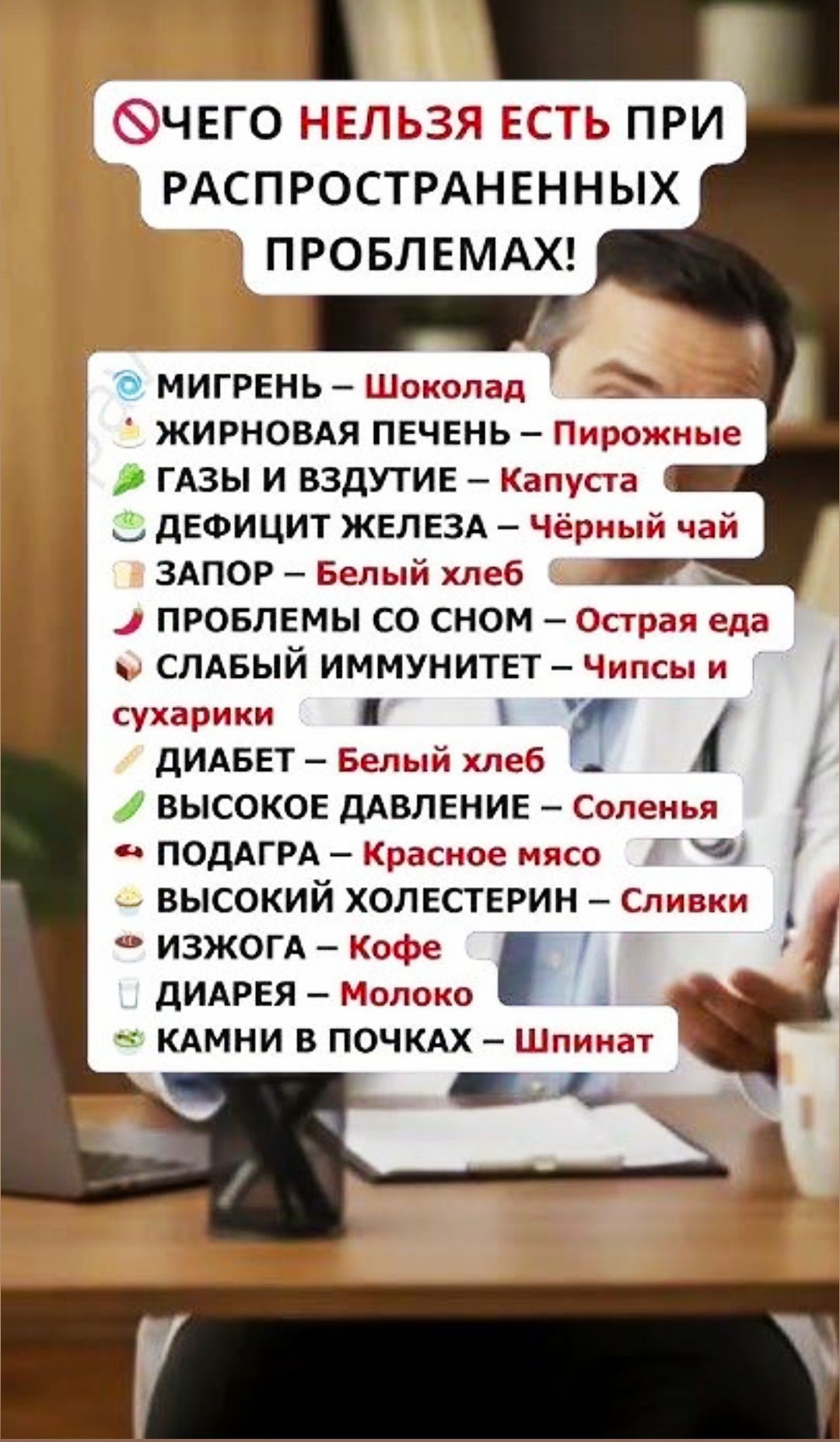 Чего нельзя есть при распространённых проблемах! Мигрень — Шоколад; Жирная печень — Пирожные; Газы и вздутие — Капуста; Дефицит железа — Чёрный чай; Запор — Белый хлеб; Проблемы со сном — Острая еда; Слабый иммунитет — Чипсы и сухарики; Диабет — Белый хлеб; Высокое давление — Соленья; Подагра — Красное мясо; Высокий холестерин — Сливки; Изжога — Кофе; Диарея — Молоко; Камни в почках — Шпинат