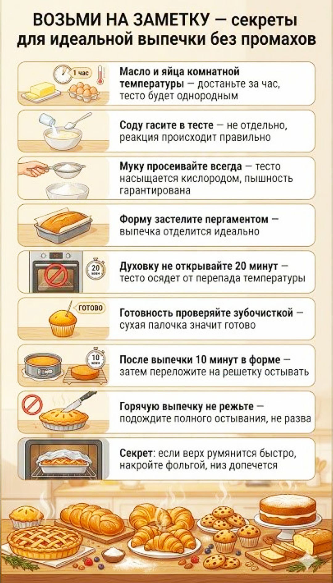 ВОЗЬМИ НА ЗАМЕТКУ — секреты для идеальной выпечки без промахов. Масло и яйца комнатной температуры — достаньте за час, тесто будет однородным. Соду гасите в тесте — не отдельно, реакция происходит правильно. Муку просеивайте всегда — тесто обогащается кислородом, пышность гарантирована. Форму застелите пергаментом — выпечка отделится идеально. Духовку не открывайте 20 минут — тесто оседает от перепада температуры. Готовность проверяйте зубочисткой — сухая палочка значит готово. После выпечки 10 минут в форме — затем переложите на решетку остывать. Горячую выпечку не режьте — подождите полного остывания. Секрет: если верх румянится быстро, накройте фольгой, низ допечется.