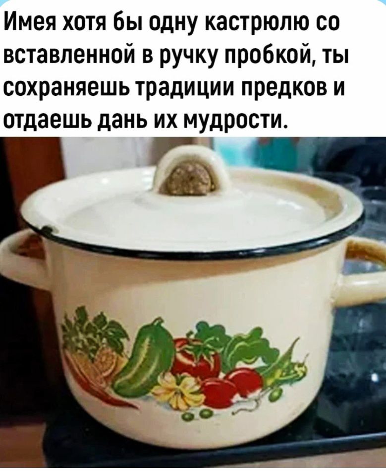 Имея хотя бы одну кастрюлю со вставленной в ручку пробкой, ты сохраняешь традиции предков и отдаешь дань их мудрости.