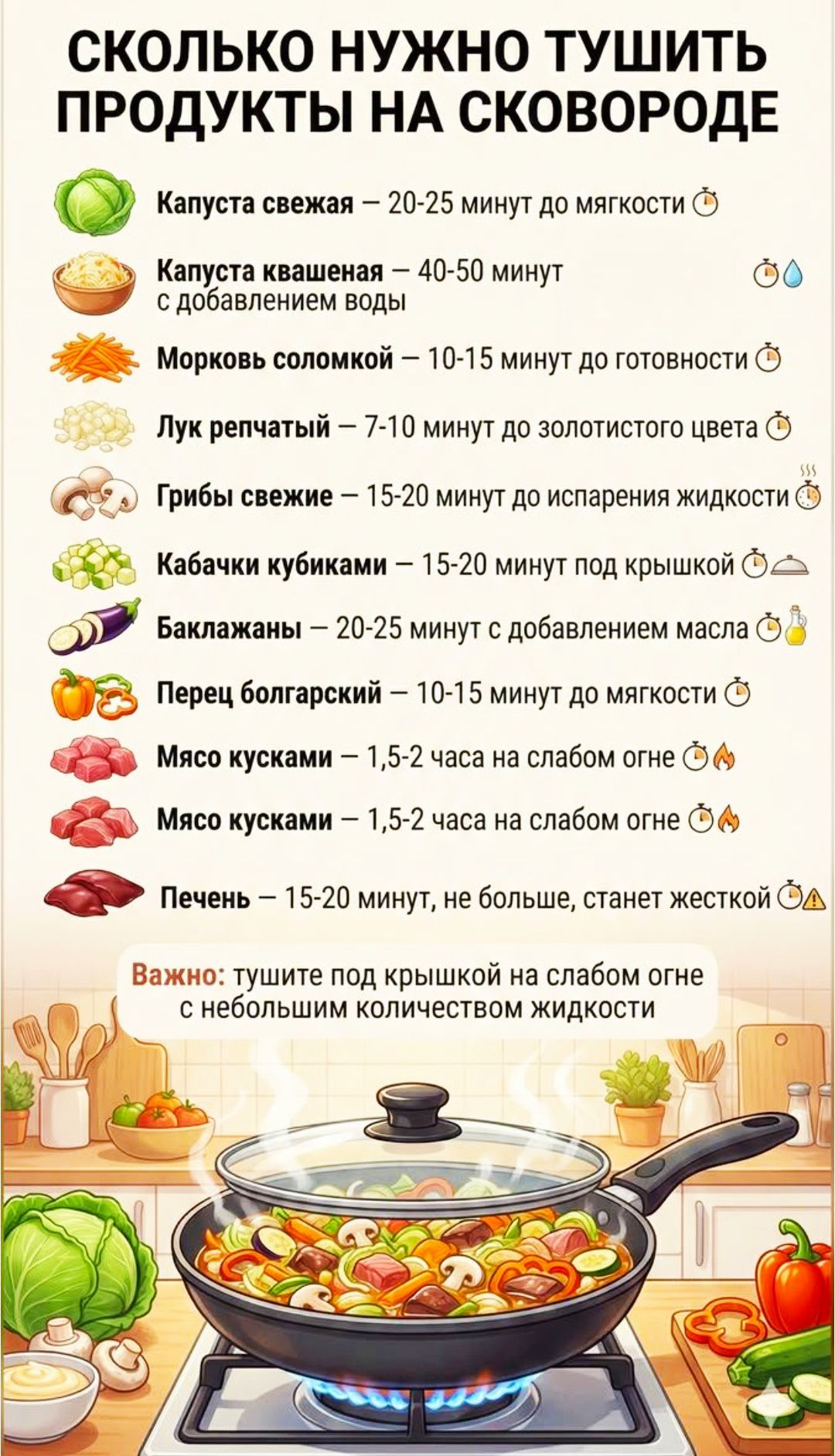 СКОЛЬКО НУЖНО ТУШИТЬ ПРОДУКТЫ НА СКОВОРОДЕ. Капуста свежая — 20–25 мин до мягкости; Капуста квашеная — 40–50 мин с добавлением воды; Морковь соломкой — 10–15 мин; Лук репчатый — 7–10 мин до золотистого цвета; Грибы свежие — 15–20 мин до испарения жидкости; Кабачки кубиками — 15–20 мин под крышкой; Баклажаны — 20–25 мин с маслом; Перец болгарский — 10–15 мин до мягкости; Мясо кусками — 1,5–2 ч на слабом огне; Печень — 15–20 мин, не больше, станет жёсткой. Важ: тушить под крышкой на слабом огне с небольшим количеством жидкости.