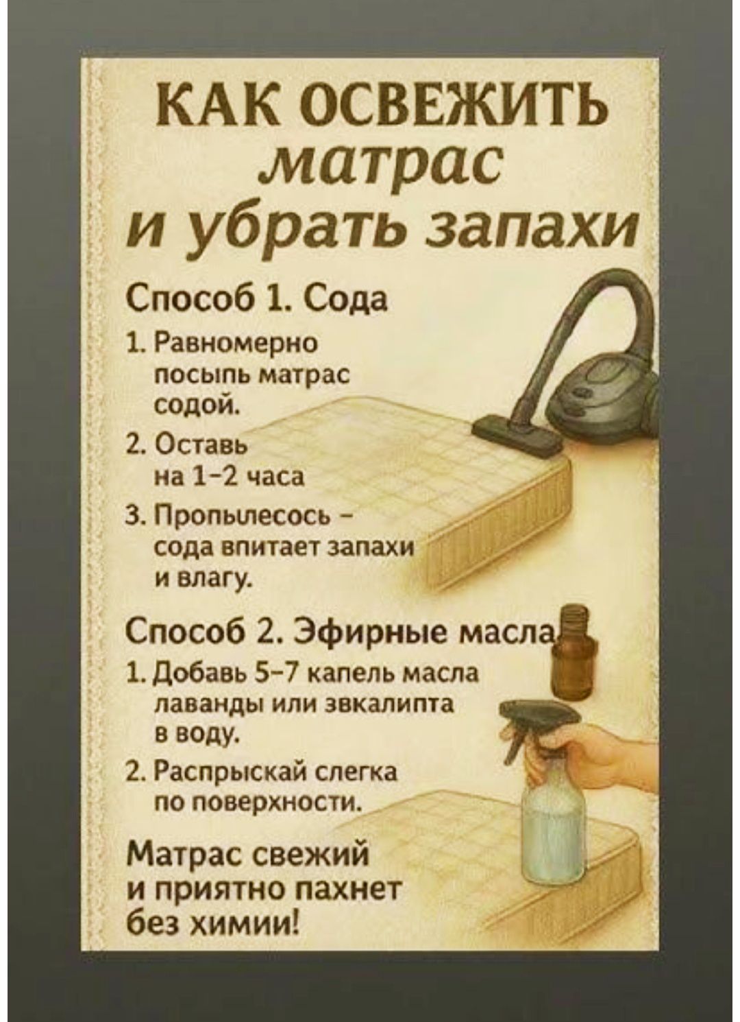 КАК ОСВЕЖИТЬ матрас и убрать запахи
Способ 1. Сода
1. Равномерно посыпь матрас содой.
2. Оставь на 1–2 часа.
3. Пропылесоси — сода впитает запахи и влагу.
Способ 2. Эфирные масла
1. Добавь 5–7 капель масла лаванды или эвкалипта в воду.
2. Распылей слегка по поверхности.
Матрас свежий и приятно пахнет без химии!
