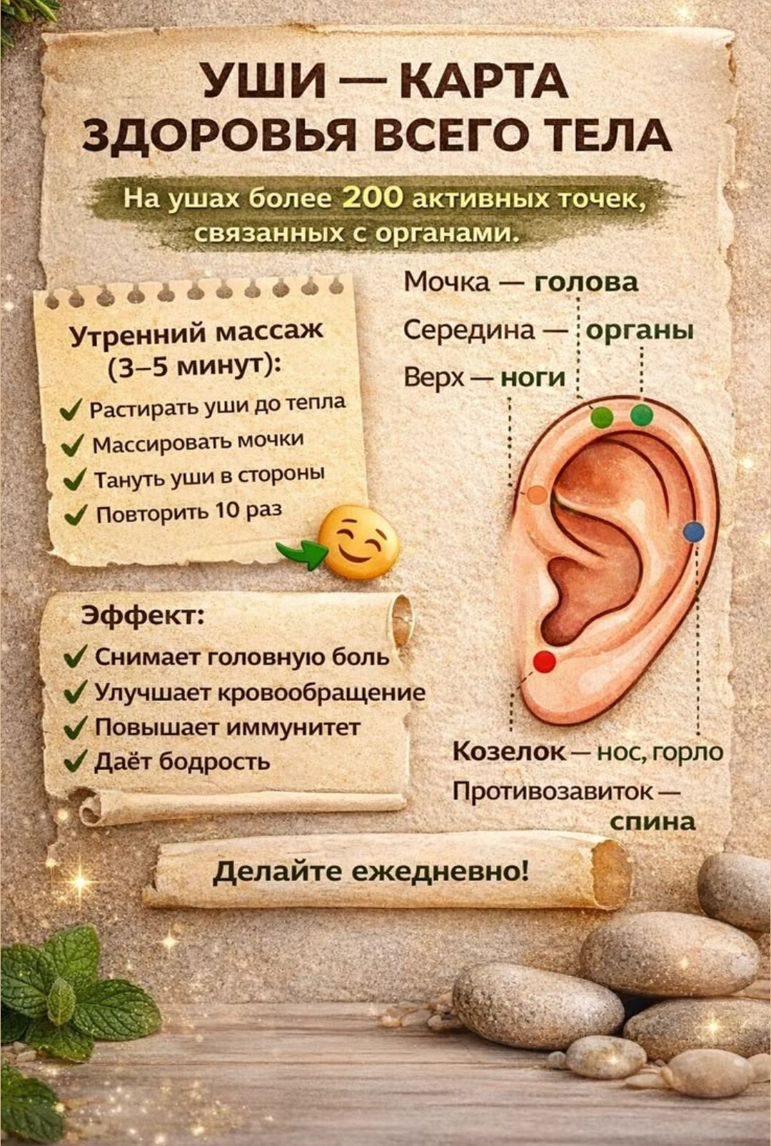 УШИ — КАРТА ЗДОРОВЬЯ ВСЕГО ТЕЛА. На ушах более 200 активных точек, связанных с органами. Утренний массаж (3–5 минут): Растирать уши до тепла; Массировать мочки; Тянуть уши в стороны; Повторить 10 раз. Эффект: снимает головную боль; улучшает кровообращение; повышает иммунитет; даёт бодрость. Делайте ежедневно!