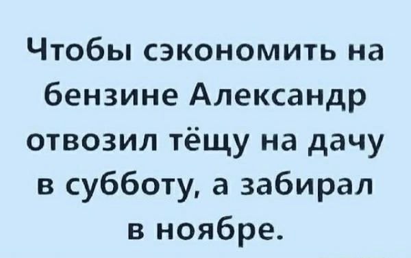 Чтобы сэкономить на бензине Александр отвез тёщу на дачу в субботу, а забирал в ноябре.