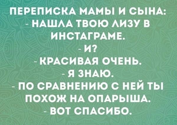 ПЕРЕПИСКА МАΜЫ И СЫНА: - НАШЛА ТВОО ЛИЗУ В ИНСТАГРАМЕ. - И? - КРАСИВАЯ ОЧЕНЬ. - Я ЗНАЮ. - ПО СРАВНЕНИЮ С НЕЙ ТЫ ПОХОЖ НА ОПАРЫША. - ВОТ СПАСИБО.