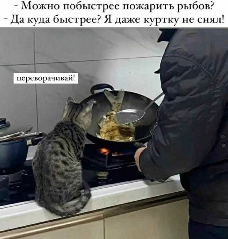 - Можно побыстрее пожарить рыбу?  
- Да куда быстрее? Я даже куртку не снял!  
переворачивй!