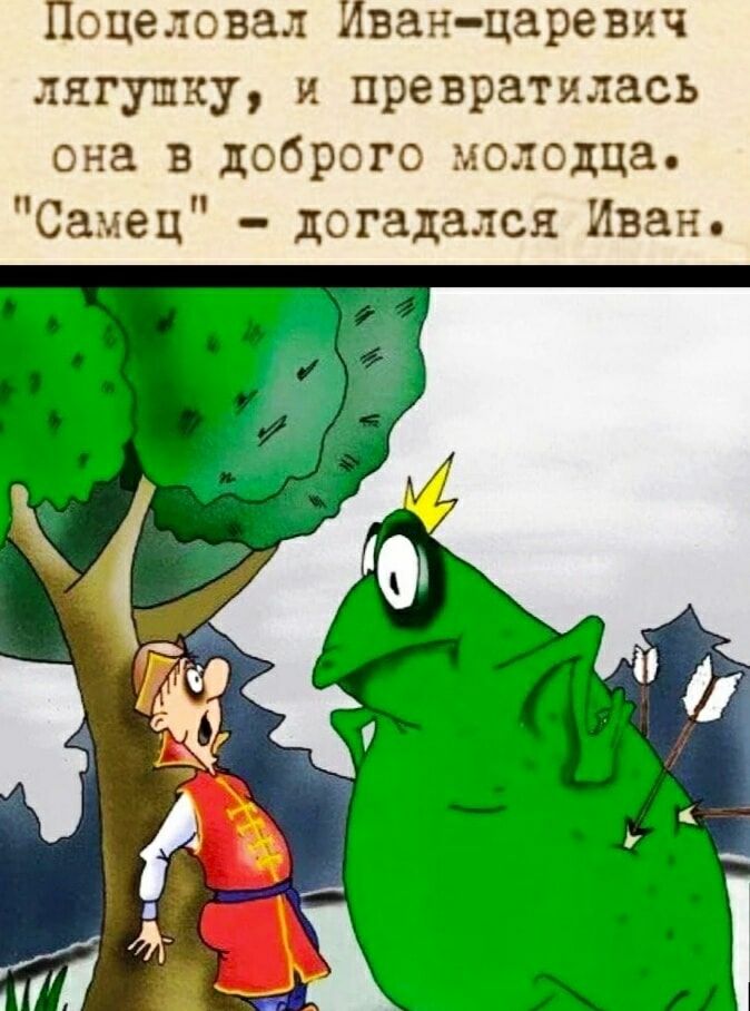 Поцеловал Иван-царевич лягушку, и превратилась она в доброго молодца. 