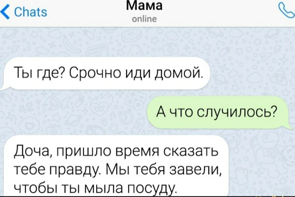 Ты где? Срочно иди домой. А что случилось? Доча, пришло время сказать тебе правду. Мы тебя завели, чтобы ты мыла посуду.