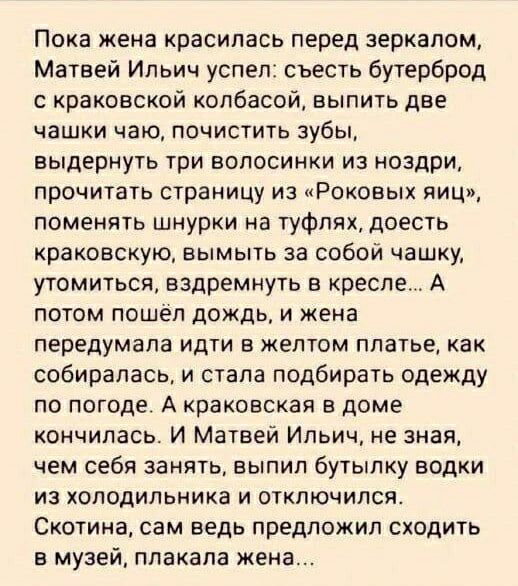 Пока жена красилась перед зеркалом, Матвей Ильич успел: съесть бутерброд с краковской колбасой, выпить две чашки чаю, почистить зубы, выдёрнуть три волосинки из носа, прочитать страницу из «Роковых яйц», поменять шнурки на туфлях, допить краковскую, выпить за собой чашку водки и отключиться. Скотина, сам ведь предложил сходить в музей, плакала жена...