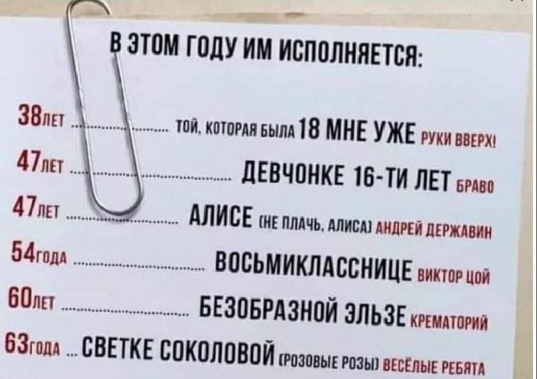 В ЭТОМ ГОДУ ИМ ИСПОЛНЯЕТСЯ:
38 лет ........ ТОЙ, КОТОРАЯ БЫЛА 18 МНЕ УЖЕ РУКИ ВВЕРХ!
47 лет ........ ДЕВОЧОНКЕ 16-ТИ ЛЕТ БРАВО
47 лет ........ АЛИСЕ (НЕ ПЛАЧЬ, АЛИСА!) АНДРЕЙ ДЕРЖАВИН
54 года ........ ВОСЬМИКЛАССНИЦЕ ВИКТОР ЦОЙ
60 лет ........ БЕЗОБРАЗНОЙ ЭЛЬЗЕ КРЕМАТОРИЙ
63 года ........ СВЕТКЕ СОКОЛОВОЙ (РОЗОВЫЕ РОЗЫ ВЕСЕЛЫЕ РЕБЯТА)
