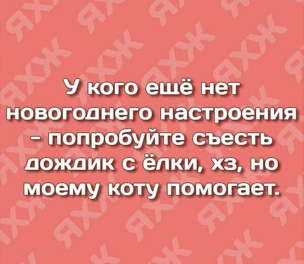 У кого ещё нет новогоднего настроения - попробуйте съесть дождик с ёлки, хз, но моему коту помогает.