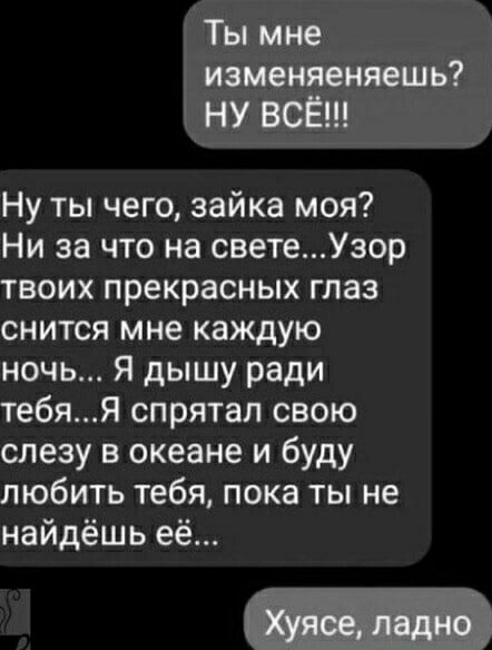 Ты мне изменяешь? НУ ВСЁ!!! Ну ты чего, зайка моя? Ни за что на свете... Узор твоих прекрасных глаз снится мне каждую ночь... Я дышу ради тебя... Я спрятал свою слезу в океане и буду любить тебя, пока ты не найдёшь её... Хуясe, ладно