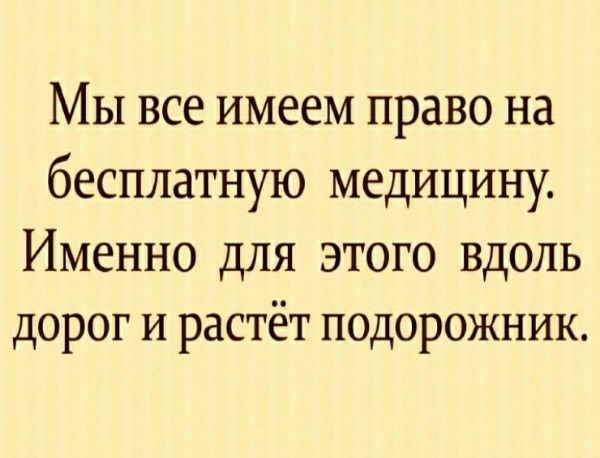 Мы все имеем право на бесплатную медицину. Именно для этого вдоль дорог и растёт подорожник.