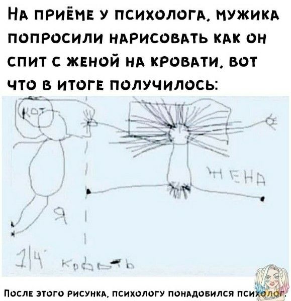 На приёме у психолога, мужика попросили нарисовать как он спит с женой на кровати, вот что в итоге получилось: кот я жена кровать После этого рисунка, психологу понадобился психолог.