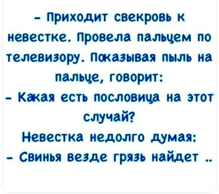 - Приходит свекровь к невестке. Провела пальцем по телевизору. Показывая пыль на пальце, говорит:
- Какая есть пословица на этот случай?
Невестка недолго думая:
- Свинья везде грязь найдёт ..